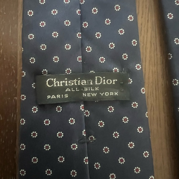 Dior Dark Blue Silk Tie with Floral Dots - Picture 1 of 5